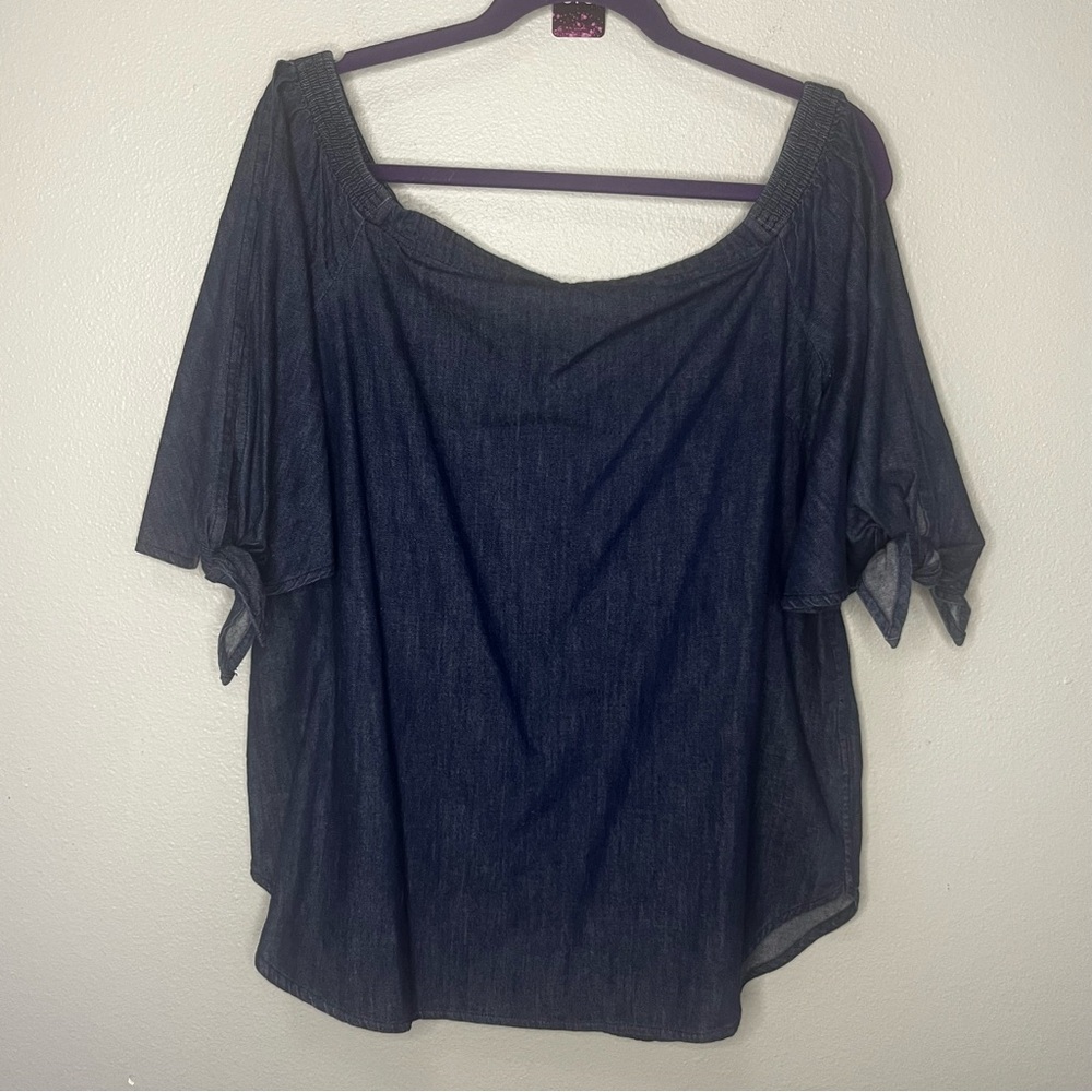 Lauren Ralph‎ Lauren Denim Blouse Shirt XL Round Off The Shoulder Cold Shoulder